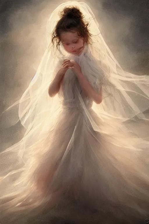 Image similar to very beautiful little girl dancing in the wind, beautiful face, ethereal, bride, beautiful wedding dress, gorgeous, volumetric lighting, elegant, fluid, ultradetailed, digital painting, concept art, illustration, limited color palette, atmosphere and tension, art by greg olsen and liz lemon swindle