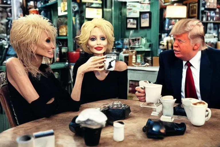 Image similar to Angelina Jolie, boris johnson, The Alien from the movie 'Alien', dolly parton, donald trump are best friends, drinking coffee at central perk, still photo, hyperrealistic, 35mm, 8k, by weta digital