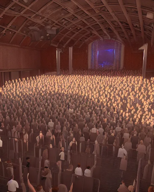 Image similar to unreal engine 5 render of a crowd in a futuristic church by craig mullins and ghibli, strong contrast, priest, pews, ethereal, inviting, bright, raking light, hyper realism, realistic shading, cinematic composition, blender render, octane render, hdr, detailed textures, photorealistic, wide shot