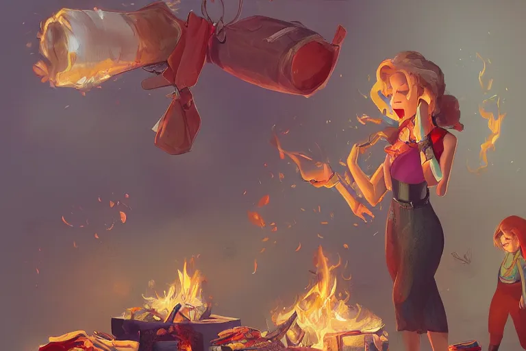 Image similar to a crazy housewife hurries up to pack daughter's things, surrounded with fire, clothes are flying around, digital art, trending on artstation