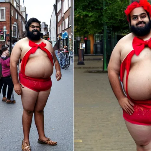 Image similar to fat hairy indian guy looking drunk in Cambridge UK city centre wearing a leotard and big red bow in his hair