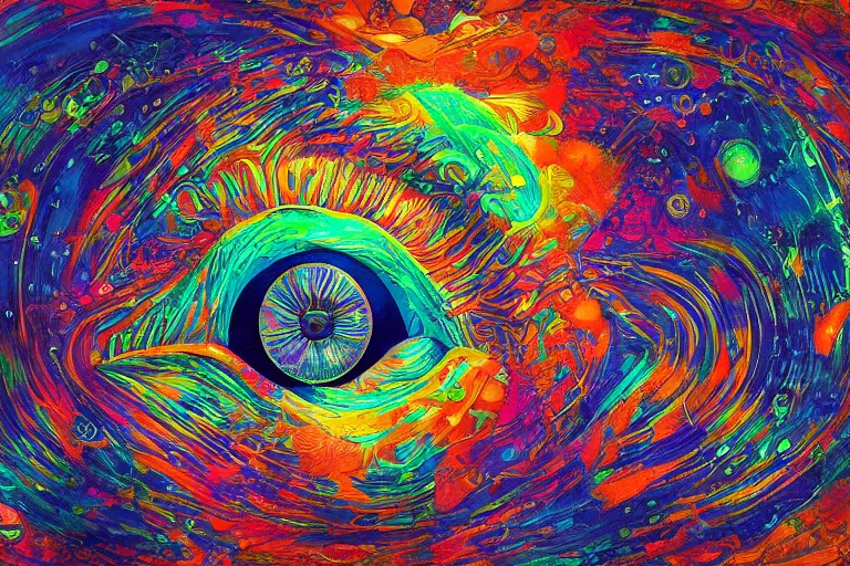 Prompt: eyes, psychedelic art, artist interpretation, psychedelic interpretation, cgsociety contest winner, golden ratio, centered, hallucinatory art, artstation hd, 4 k