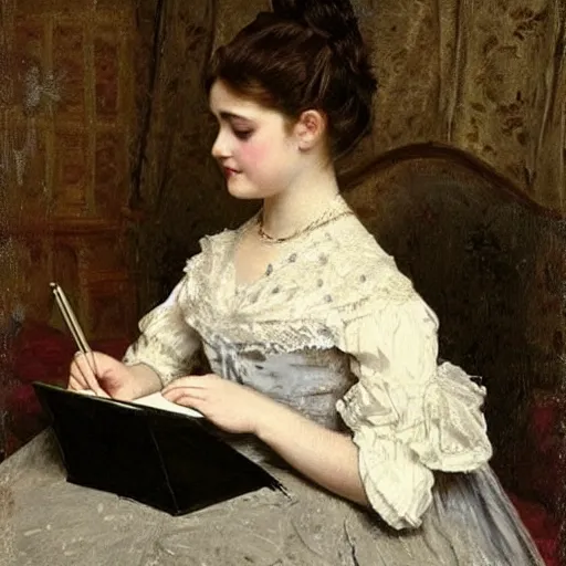 Image similar to victorian girl in ball gown writing a letter, painting by alfred stevens