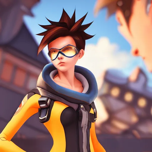 Image similar to digital painting of tracer overwatch wearing leather collar, standing in city area, 4 k, realistic,