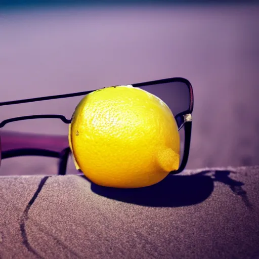 Prompt: a closeup shot of a lemon wearing sunglasses at the beach, photorealism, 8k