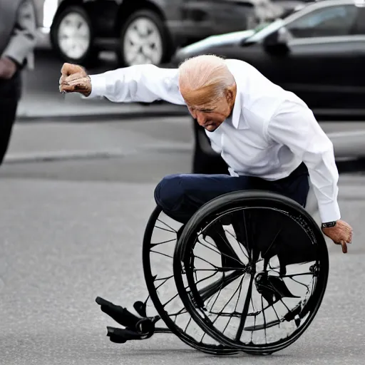 Image similar to joe biden falling down a wheelchair, detailed, 8 k, detailed face, photorealistic, sharp focus