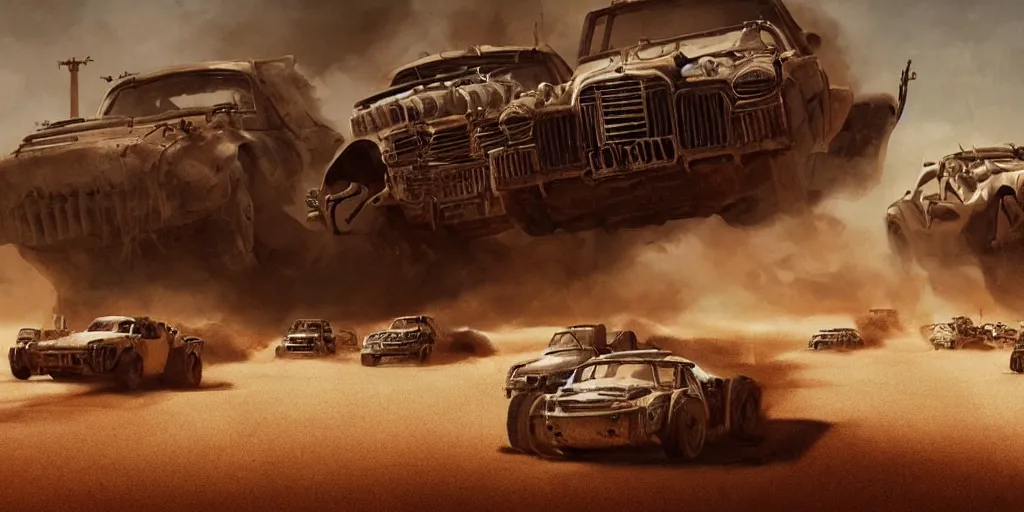 Image similar to an environmental concept art from mad max fury road, cars speeding through the desert, highly detailed, cinematic, dramatic lighting by francis tneh