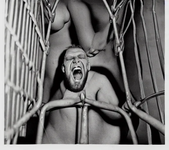 Prompt: Hans Bellmer photo of 'gigachad laughing behind jail bars', high contrast, high exposure photo