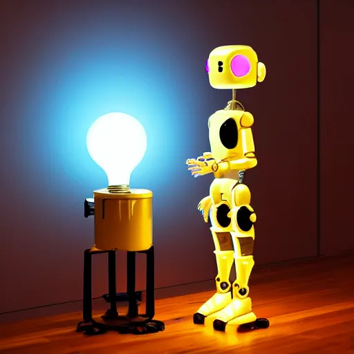 Prompt: a glowing robot girl, standing on a step stool. the glowing robot girl is replacing a defective lightbulb. there is a lampshade above the step stool. dark room.