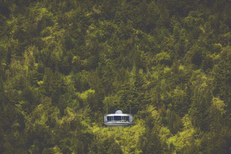 Image similar to sci fi nuclear containment buildings in a steep sided valley with trees, ufo flying around, a sense of hope and optimism, birds overhead, stark light, day time, unsplash, national geographic, hd, high res