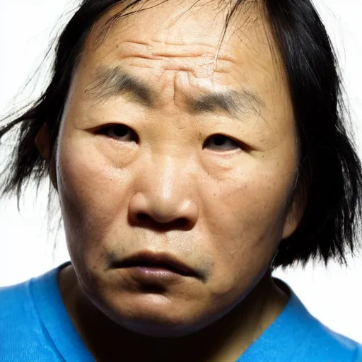 Prompt: a close up photographic portrait of akie kotabe looking worried taken by annie leibowitz. cinematic lighting, blue background colour, 5 0 mm, subsurface scatter.