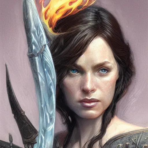 Image similar to the flame female wizard as a realistic d & d fantasy character, closeup portrait art by donato giancola and greg rutkowski, vintage retro, realistic face, digital art, trending on artstation, symmetry!!