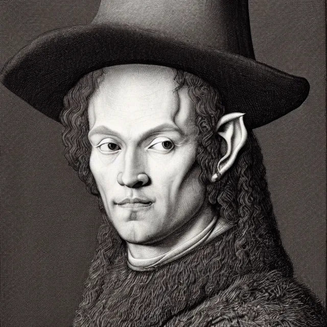 Prompt: 3/4 bust portrait of a shifty high fantasy elf sheriff with pointy ears wearing a cowboy hat by Jan van Eyck, 8k scan