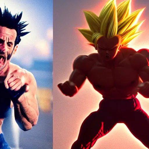 Prompt: Photo realistic live action Super Saiyan Frank Zappa vs Majin Bill Murray WWE takedown ray traced 8K anti-aliased highly detailed cinematic render award winning photography