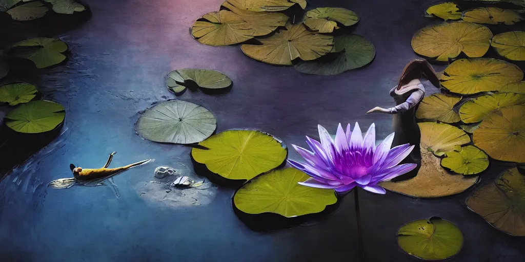 Prompt: A hand holding a water lily, night dramatic lighting, blue, yellow and purple tones, wide camera angle, matte painting, trending on ArtStation, concept art, delightful surroundings, high detail, sharp contrast, ray tracing, picturesque artwork by Mike Winkelmann, artwork by Ridley Scott, 4K, 8K, super graphically realistic detailed, high definition, HDR