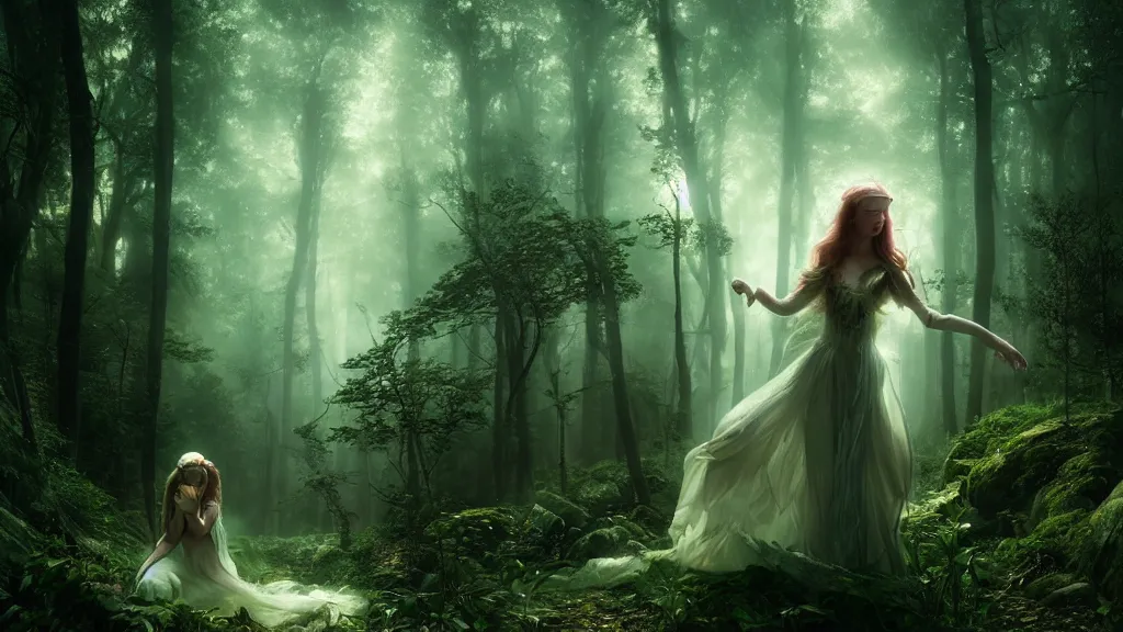 Image similar to elven princess dancing in the dark forest. andreas achenbach, artgerm, mikko lagerstedt, zack snyder, tokujin yoshioka