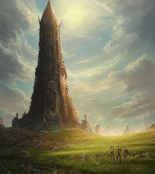 Prompt: an ancient cylindrical multitiered tower rising from a rolling grassland, fantasy digital painting, stunning intricate details, artwork by ross tran, artgerm