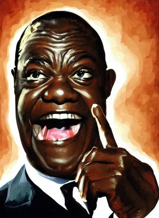 Prompt: a portrait of louis armstrong telling a joke, by drew struzan, dramatic lighting, highly detailed digital painting