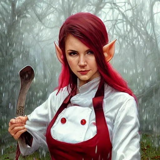 Prompt: elf woman standing in rain, short blonde hair, red and white chef's apron, sharp focus, intricate, smooth, ultra realistic digital art, d & d, high fantasy, pointed ears, elegant, by artgerm, greg rutkowski, raymond swanland, alphonse mucha