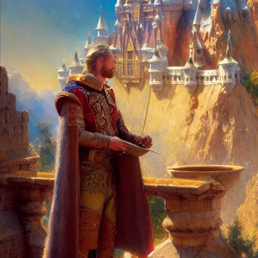 Image similar to stunning male master wizard building a huge castle with his magic, highly detailed painting by gaston bussiere, craig mullins, j. c. leyendecker, 8 k