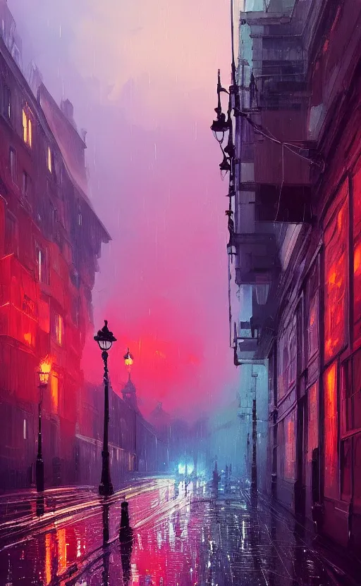 Prompt: a beautiful illustration of rainy victorian london at sunset, art of alena aenami, featured on artstation, vertical orientation, paint brush strokes, expressionism, brushstroke - laden, breathtaking clouds, traffic lights, wet concrete, beauttiful stars, cables, long exposure, gigantic sun, airy theme, red purple gradient, lens flare