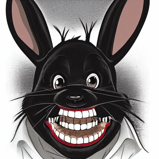 Prompt: A extremely highly detailed majestic hi-res beautiful, highly detailed head and shoulders portrait of a scary terrifying, horrifying, creepy black cartoon rabbit with scary big eyes, laughing and standing up wearing pants and a shirt in the style of Walt Disney