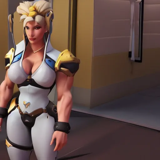 Image similar to a screenshot of arnold schwarzenegger as mercy in overwatch, full body shot