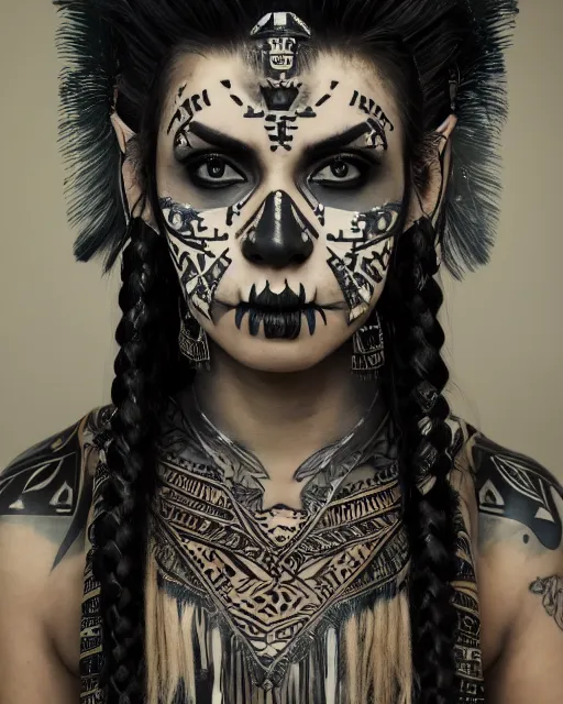 Image similar to photorealistic head and shoulders photo of beautiful female ornate fantasy indian tribal aztec warrior goddess, confident, minimal black skull warpaint, tattoos, Neil Blevins, James Paick, Natasha Tan Maciej Kuciara, Frank frazetta, arney freytag, Ritu Kumar, Sabyasachi Mukherjee, Magic the gathering,octane, bokeh, 8k, fashion pose, cinematic, 28mm