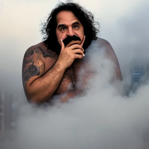 Prompt: Ron Jeremy on top of a roof exhaling smoke, moody, atmospheric