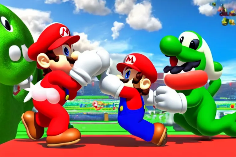 Image similar to a photo of mario punching yoshi in the face, photorealistic, 8 k