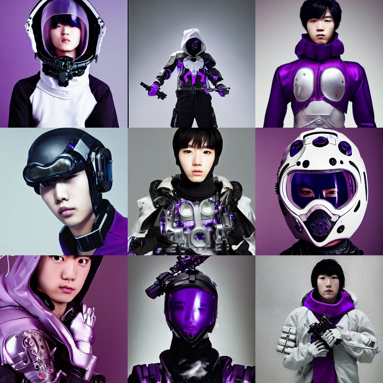 Prompt: male ulzzang with white sci - fi tactical gear and hood, black cybernetic enhancements, purple crystal glass inlays, full shot, fashion photography, by irving penn and storm thorgerson, ren heng