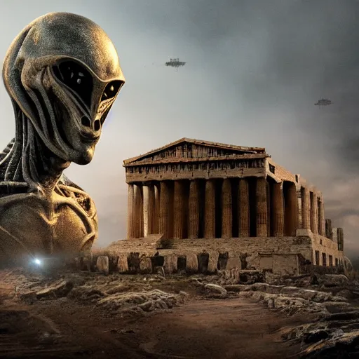 Image similar to movie still, movie about an alien invasion Ancient Athens, UFOs, portrait, intricate, 8k highly professionally detailed, HDR, CGsociety