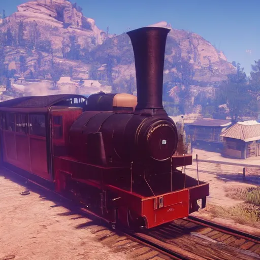 Image similar to futuristic sleek steam locomotive in red dead redemption 2