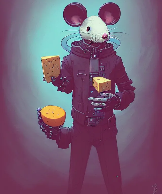 Image similar to a portrait of an anthropomorphic cyberpunk mouse holding a cheese, cyberpunk!, fantasy, elegant, digital painting, artstation, concept art, matte, sharp focus, illustration, art by josan gonzalez