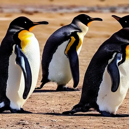 Prompt: super mad penguins with extreme anger in the desert