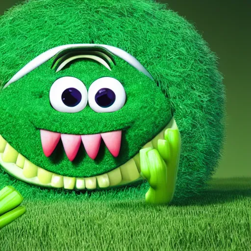 Prompt: a happy green monster standing with a big round head and a thin high body with a grass texture