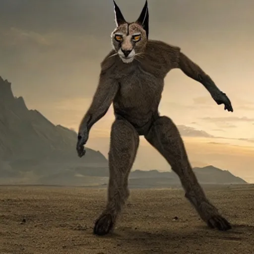 Prompt: A beautiful scene from a 2020 sci-fi film featuring a humanoid caracal wearing a suit. Detailed, photorealistic special effects.