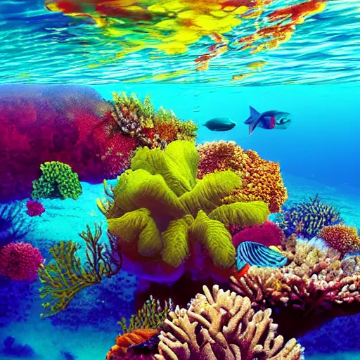 Prompt: life underwater, maldivian coast, coral islands, light and warm colors, vivid lighting, photorealist