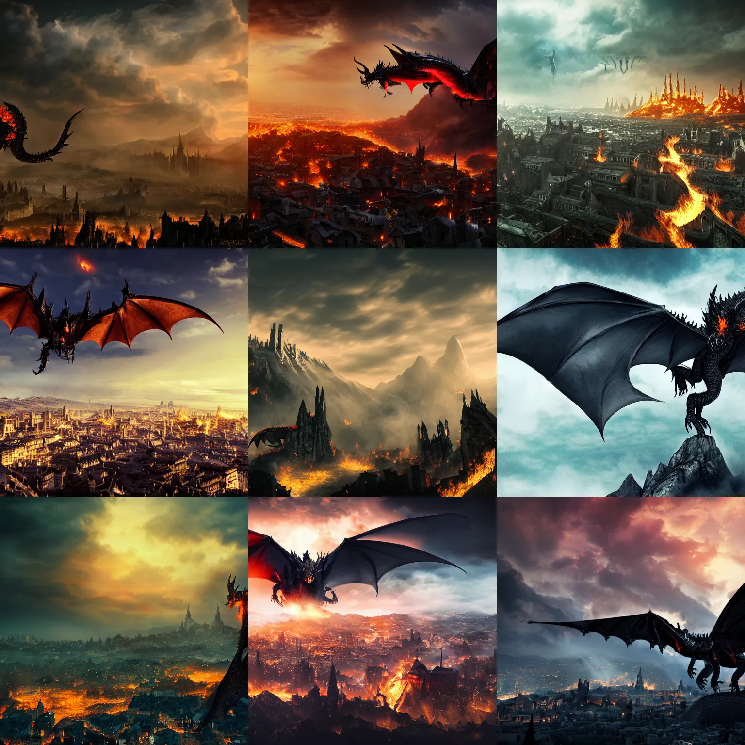 Prompt: Fire-breathing black dragon in the sky above a midieval city, Landscape view, lord of the rings, 4k, cinematic lighting, cinematic composition