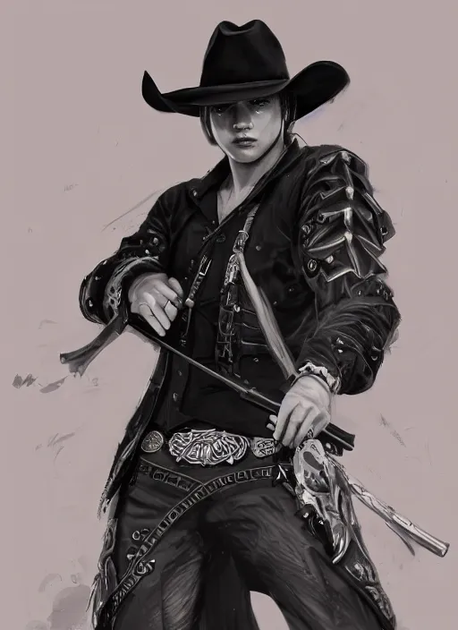 Image similar to a highly detailed illustration of bts v as cowboy wearing black cowboy hat, dramatic wielding gun pose, perfect face, intricate, elegant, highly detailed, centered, digital painting, artstation, concept art, smooth, sharp focus, league of legends concept art, wlop