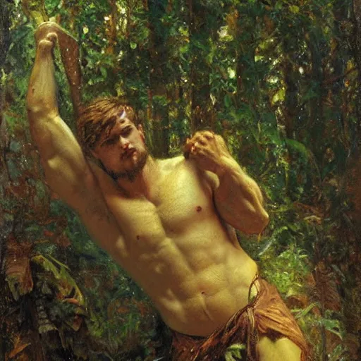 Image similar to young god of the forest with a muscular body type, painting by Gaston Bussiere, Craig Mullins