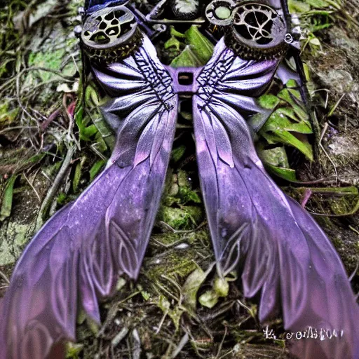 Image similar to fairy wings, metal, steampunk, macro, award winning photo