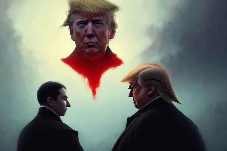 Image similar to Portrait of Trump facing Joe Biden, dark makeup, dark crowns with magical ruby, painting by Studio Ghibli, Ivan Aivazovsky and Greg Rutkowski, artstation, fantasy, intricate, beautiful, cinematic, octane render, arnold render, 8k, hyper realism, detailed, sharp focus, 4k uhd, masterpiece, award winning