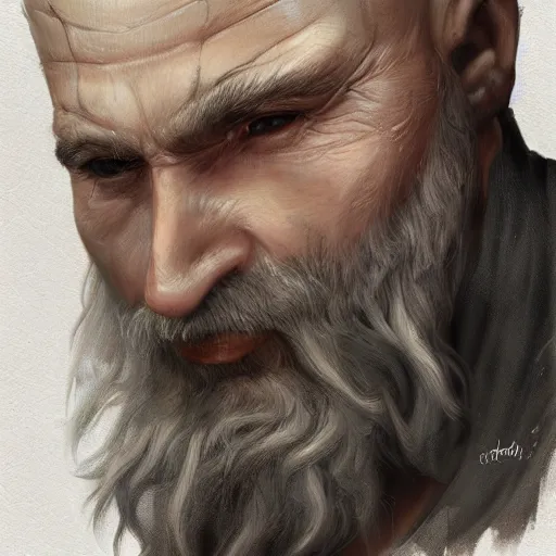 Image similar to a detailed matte head - on portrait painting of a sly older sorcerer, with a small beard, salt and pepper hair, portrait by charlie bowater, lise deharme, wlop, tending on arstation, dungeons and dragon, dnd, pathfinder, fanart, oil on canvas