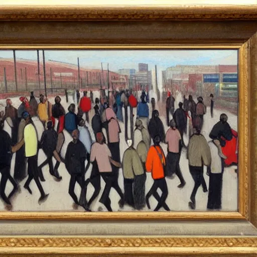 Prompt: painting of south african commuters heading to the central business district of johannesburg, painted by laurence stephen lowry, oil on canvas, national gallery