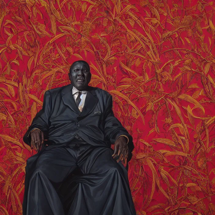 Image similar to a painting of a XXL wise elder from Kenya in a suit by Kehinde Wiley . dramatic angle, ethereal lights, details, smooth, sharp focus, illustration, realistic, cinematic, artstation, award winning, rgb , unreal engine, octane render, cinematic light, macro, depth of field, blur, red light and clouds from the back, highly detailed epic cinematic concept art CG render made in Maya, Blender and Photoshop, octane render, excellent composition, dynamic dramatic cinematic lighting, aesthetic, very inspirational, arthouse.