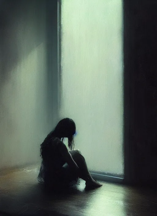 Image similar to a portrait of beautiful woman sitting in the floor, inside a modern apartment, intricate oil painting, hyperdetailed, misty, ethereal, dramatic lighting, 8 k, by jeremy mann and ruan jia