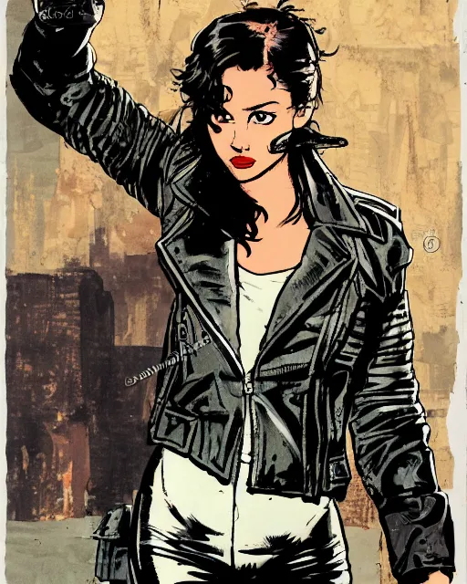 Image similar to young female protagonist in leather jacket, city street, artwork by frank miller