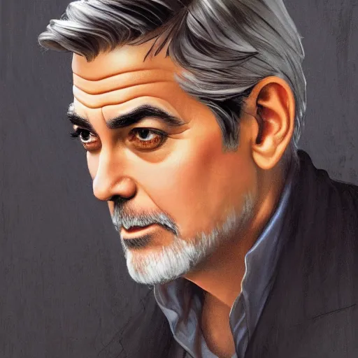 Prompt: George Clooney, highly detailed, digital painting, artstation, concept art, smooth, sharp focus, illustration, ArtStation, art by artgerm and greg rutkowski and alphonse mucha and J. C. Leyendecker and Edmund Blair Leighton and Katsuhiro Otomo and Geof Darrow and Phil hale and Ashley wood and Ilya repin and Charlie Bowater