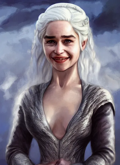 Prompt: emilia clarke as queen daenerys stormborn smiling, by anne stokes and larry elmore, detailed matte painting, realistic portrait, symmetrical, highly detailed, digital painting, artstation, concept art, smooth, sharp focus, illustration, cinematic lighting, 8 k resolution